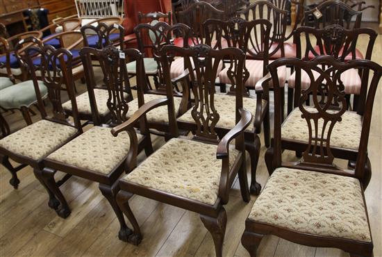 Two sets of four Chippendale style dining chairs (six single, two elbow)